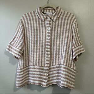 Jane Delancey Neutral Textured Striped Button Blouse Coastal Minimalist Size M